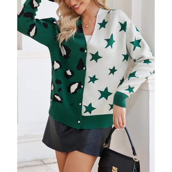 Women's Leopard Star Cardigan V-Neck Long Sleeve Button Down Oversized - Picture 3 of 7